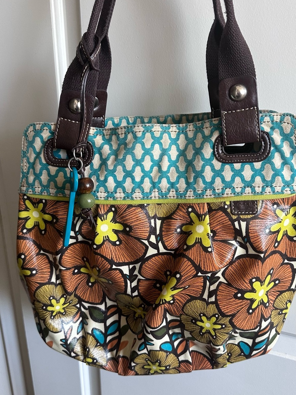 Fossil Brown Floral Tote with Teal and Yellow Accents